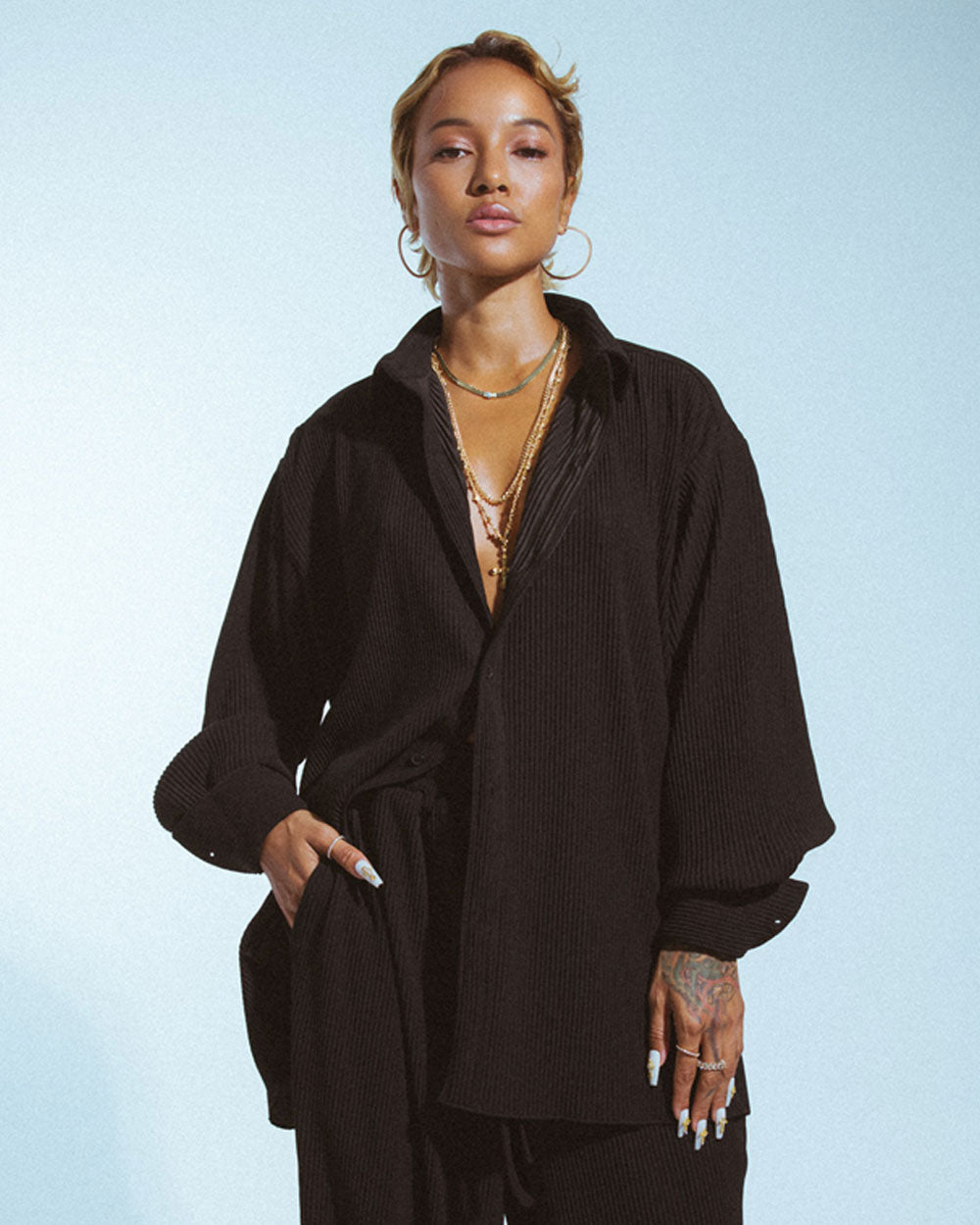 Karrueche x Staple & Hue Pleated Shirt Black